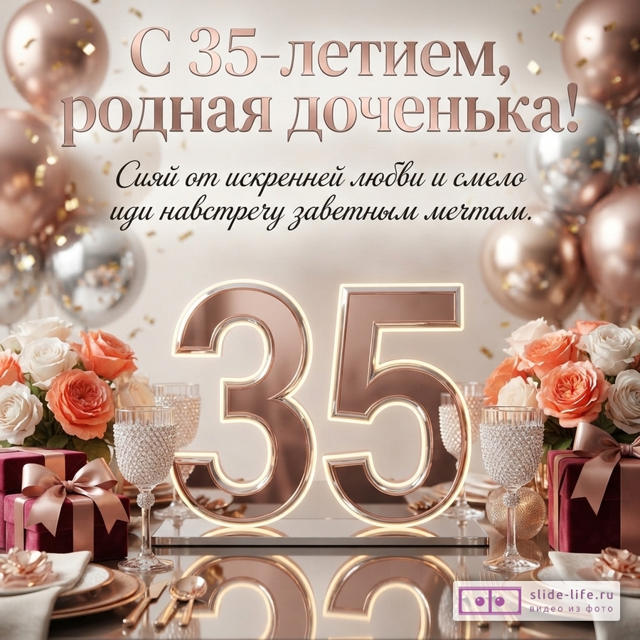 Большая зеркальная цифра 35 на праздничном столе среди роз, бокалов и воздушных шаров с текстом «С 35-летием, родная доченька! Сияй от искренней любви и смело иди навстречу заветным мечтам.»