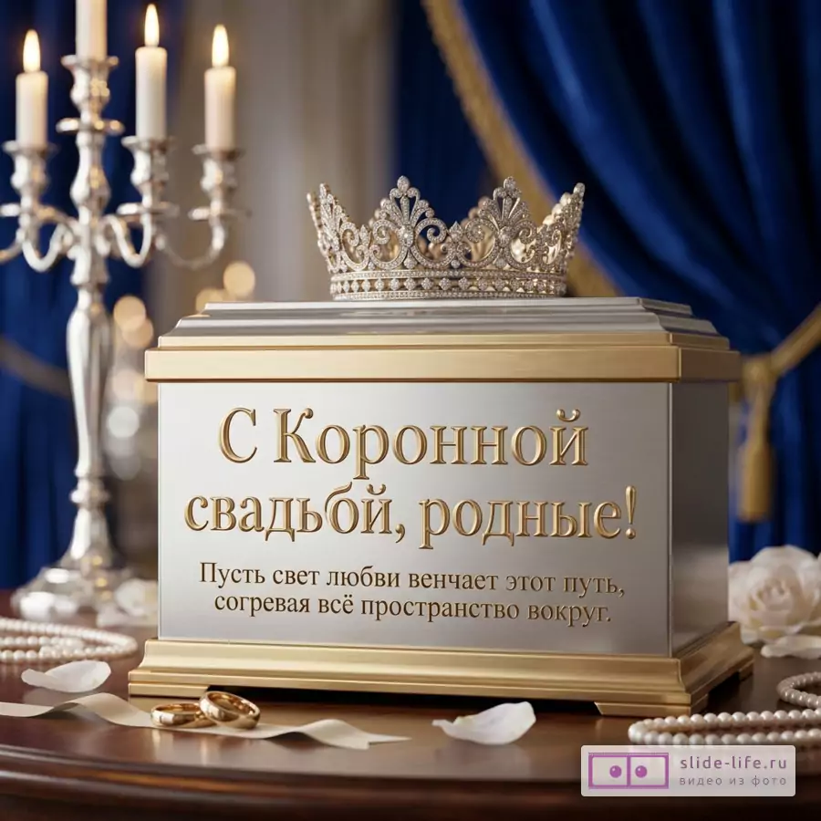 Золотая шкатулка с короной, канделябр со свечами и кольца на синем фоне с текстом: «С Коронной свадьбой, родные! Пусть свет любви венчает этот путь, согревая всё пространство вокруг.»