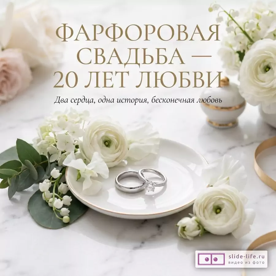Светлый мраморный фон, белые цветы, обручальные кольца на белой тарелке, золотой текст «ФАРФОРОВАЯ СВАДЬБА — 20 ЛЕТ ЛЮБВИ», подпись «Два сердца, одна история, бесконечная любовь»