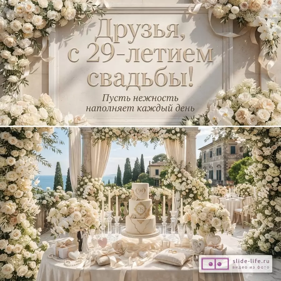 Открытка с бежевым фоном, украшенная белыми и кремовыми розами, орхидеями. В центре надпись «Друзья, с 29-летием свадьбы! Пусть нежность наполняет каждый день».