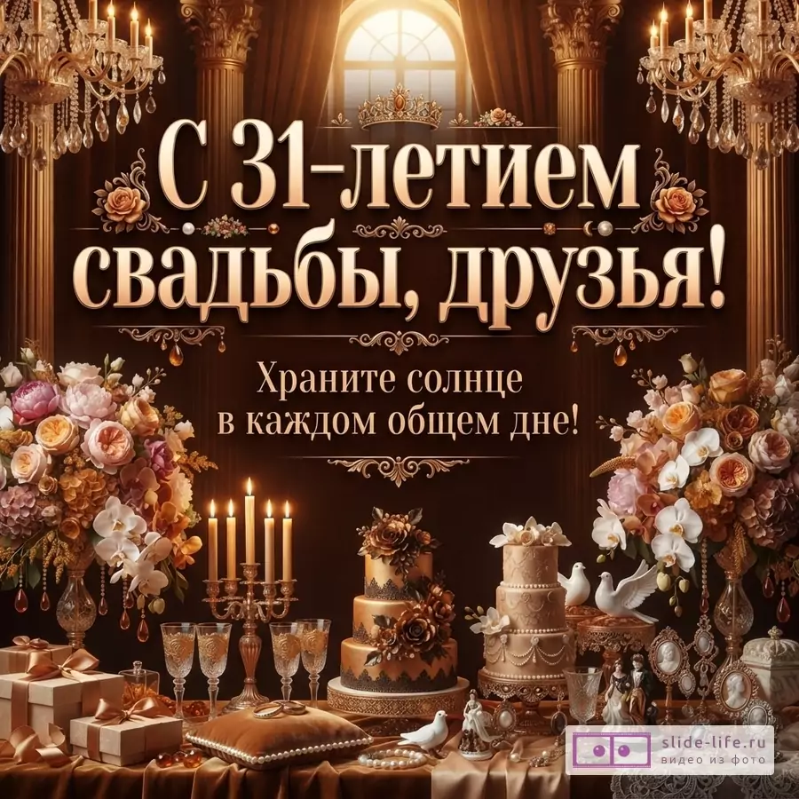 Открытка с золотыми люстрами, цветами, свечами, свадебными тортами на коричневом фоне. Текст «С 31-летием свадьбы, друзья! Храните солнце в каждом общем дне!»