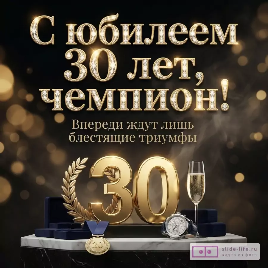 Золотые цифры 30, бокал шампанского, медаль и часы на темном фоне с боке и текстом «С юбилеем 30 лет, чемпион! Впереди ждут лишь блестящие триумфы».