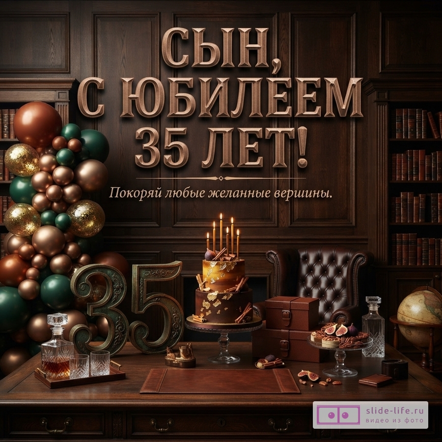 Открытка на фоне тёмной деревянной библиотеки с шарами, тортом и свечами. Текст: «Сын, с юбилеем 35 лет! Покоряй любые желанные вершины.»