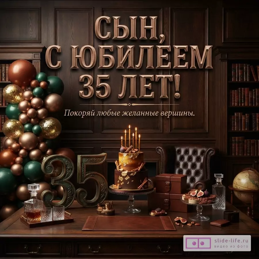 Открытка на фоне тёмной деревянной библиотеки с шарами, тортом и свечами. Текст: «Сын, с юбилеем 35 лет! Покоряй любые желанные вершины.»