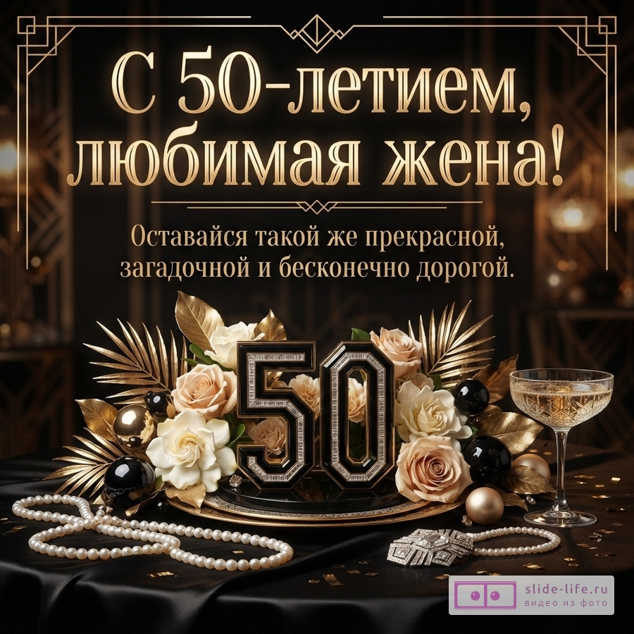 Черный фон, золотая рамка, золотые буквы, текст «С 50-летием, любимая жена! Оставайся такой же прекрасной, загадочной и бесконечно дорогой.», цифры 50, розы, золотые листья, жемчуг, бокал шампанского.