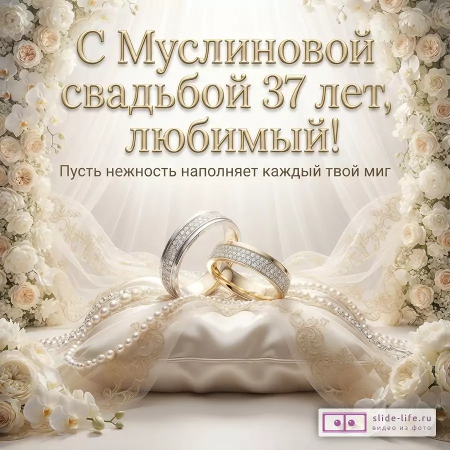 Бежевый фон, белые розы по краям, два обручальных кольца на подушке. Текст: «С Муслиновой свадьбой 37 лет, любимый! Пусть нежность наполняет каждый твой миг»