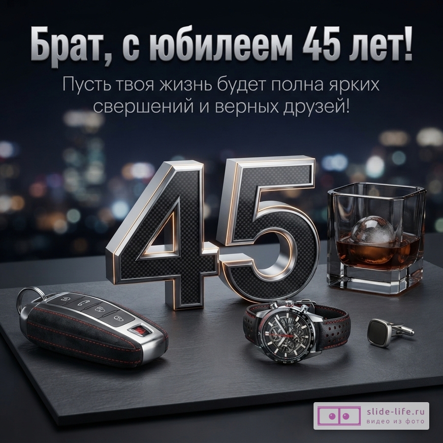 Открытка на темном фоне с размытыми огнями города. В центре крупные цифры 45, выполненные под карбон с металлической окантовкой. Рядом лежат ключ от машины, наручные часы и запонка. Справа стакан виски со льдом. Текст: «Брат, с юбилеем 45 лет! Пусть твоя жизнь будет полна ярких свершений и верных друзей!»