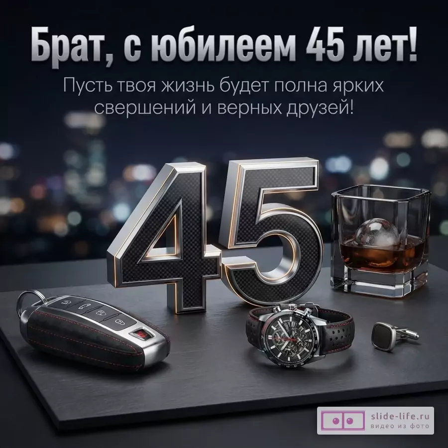Открытка на темном фоне с размытыми огнями города. В центре крупные цифры 45, выполненные под карбон с металлической окантовкой. Рядом лежат ключ от машины, наручные часы и запонка. Справа стакан виски со льдом. Текст: «Брат, с юбилеем 45 лет! Пусть твоя жизнь будет полна ярких свершений и верных друзей!»