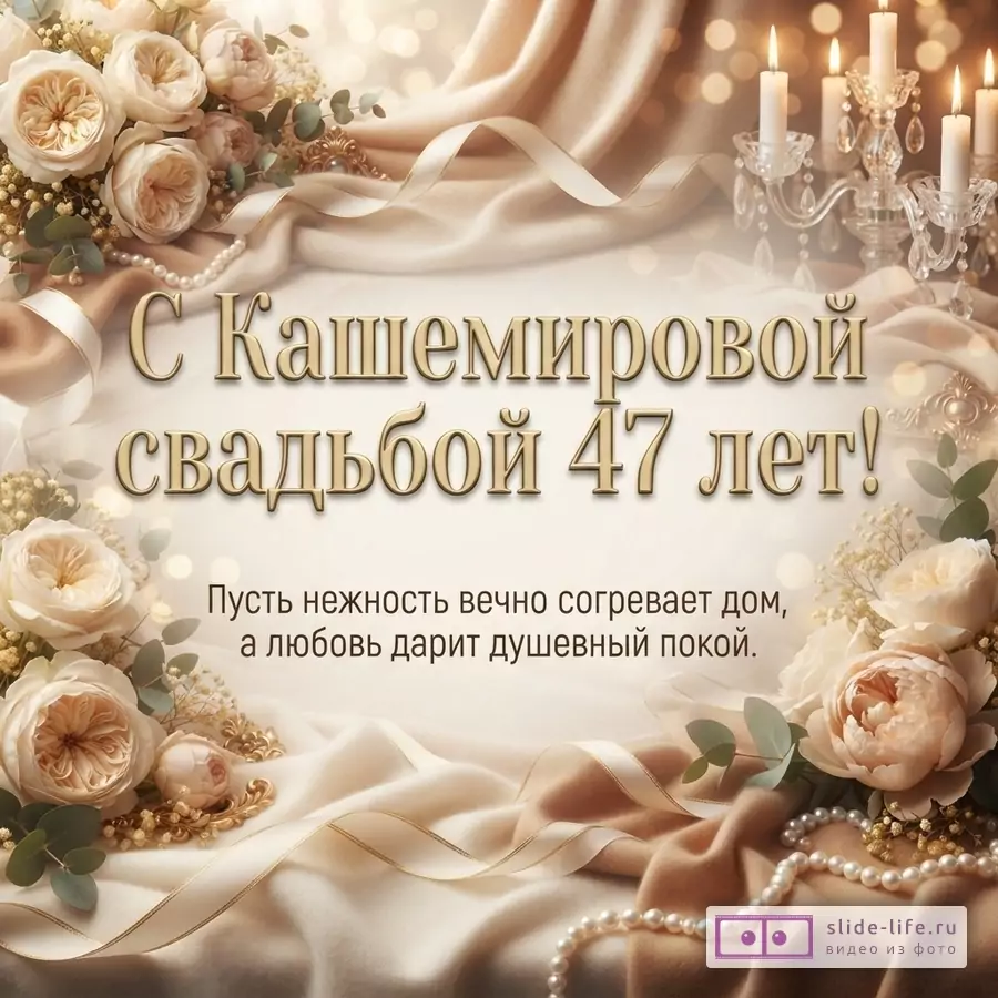 Бежевый фон, складки ткани, жемчуг, розы, свечи. Надпись «С Кашемировой свадьбой 47 лет! Пусть нежность вечно согревает дом, а любовь дарит душевный покой.»