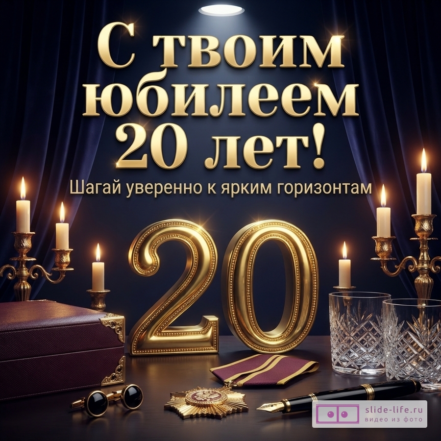 Объемная золотая цифра 20 на темном фоне синих штор со свечами, запонками и надписью «С твоим юбилеем 20 лет! Шагай уверенно к ярким горизонтам».