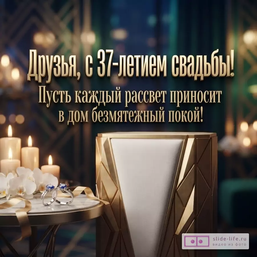 Открытка с золотым текстом на темном фоне, свечи, орхидеи, два кольца на столе. Текст: «Друзья, с 37-летием свадьбы! Пусть каждый рассвет приносит в дом безмятежный покой!»