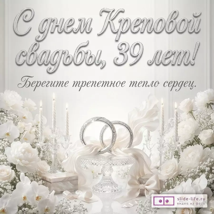 Белый фон, сверху текст «С днем Креповой свадьбы, 39 лет! Берегите трепетное тепло сердец.», снизу белые цветы, свечи, обручальные кольца на подставке.