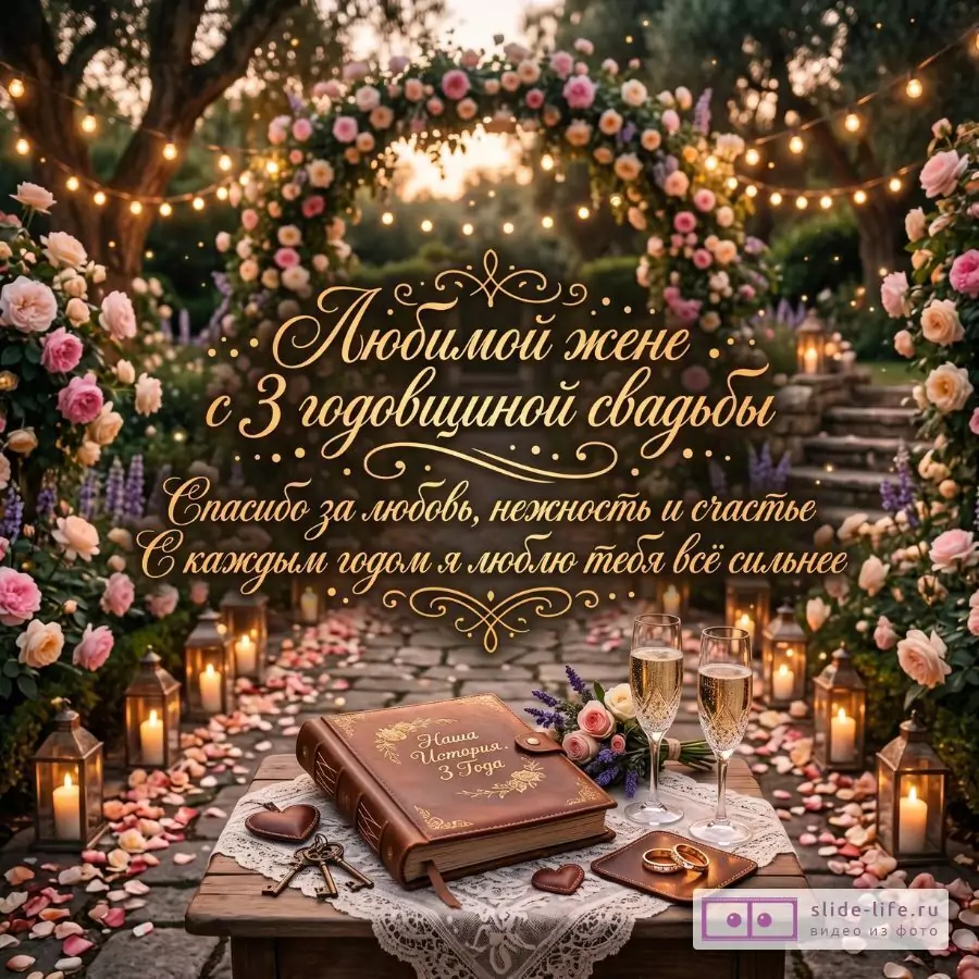 Темно-зеленый сад с золотистыми огнями, цветочная арка, свечи, стол с коричневым альбомом, бокалами и кольцами, текст «Любимой жене с 3 годовщиной свадьбы».