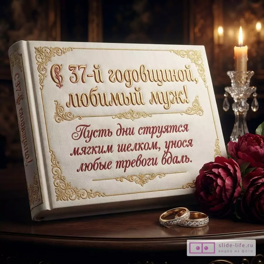 Книга бежевого цвета с золотым орнаментом, текст красного цвета «С 37-й годовщиной, любимый муж! Пусть дни струятся мягким шелком, унося любые тревоги вдаль.». На переднем плане два золотых кольца с камнями, справа букет бордовых цветов, на заднем плане свеча.