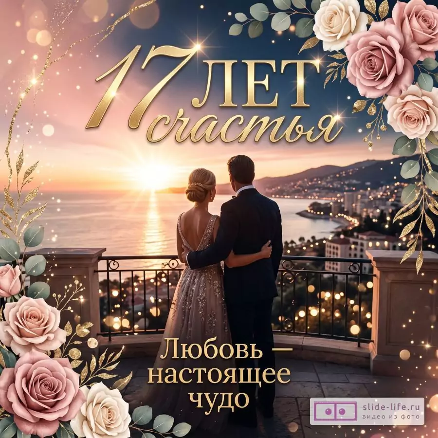 Фон в розово-золотых и темно-синих тонах, закат над морем и городом, пара у балкона, розовые и кремовые розы, золотой декор, текст «17 ЛЕТ счастья» и «Любовь — настоящее чудо»