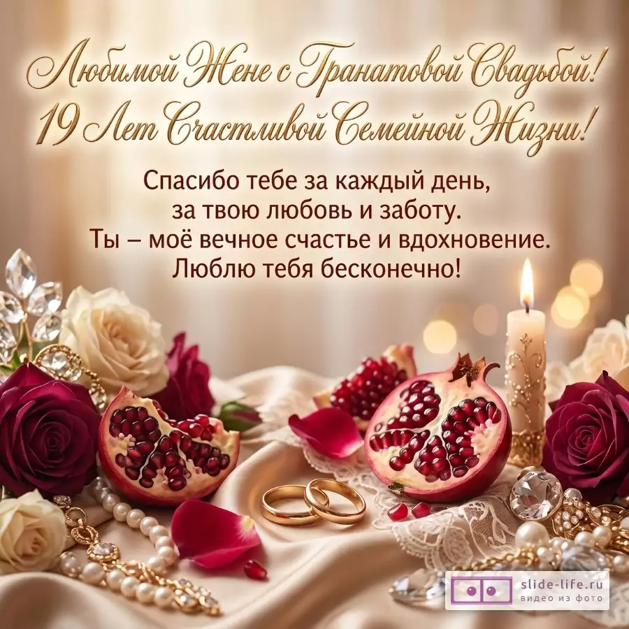 Бежевый фон, бордовые и кремовые розы, половинки граната, свеча, кольца и жемчуг. Текст: «Любимой Жене с Гранатовой Свадьбой! 19 Лет Счастливой Семейной Жизни!» и «Спасибо тебе за каждый день...»