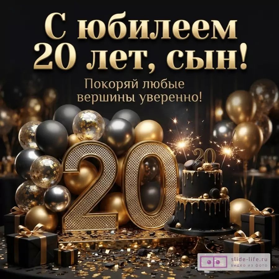 Объемная золотая цифра 20, черный торт со свечами, шары и подарки на темном фоне с текстом «С юбилеем 20 лет, сын! Покоряй любые вершины уверенно!»