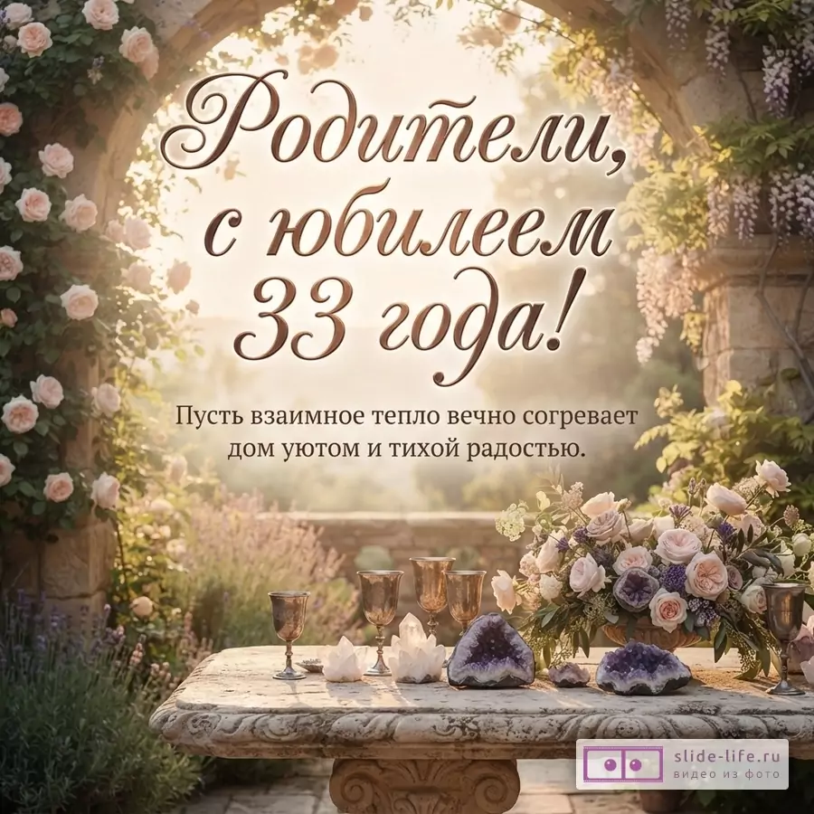 Арка из роз и глициний, на фоне солнечный свет. На переднем плане каменный стол с бокалами, кристаллами и букетом цветов. Текст: «Родители, с юбилеем 33 года! Пусть взаимное тепло вечно согревает дом уютом и тихой радостью.»