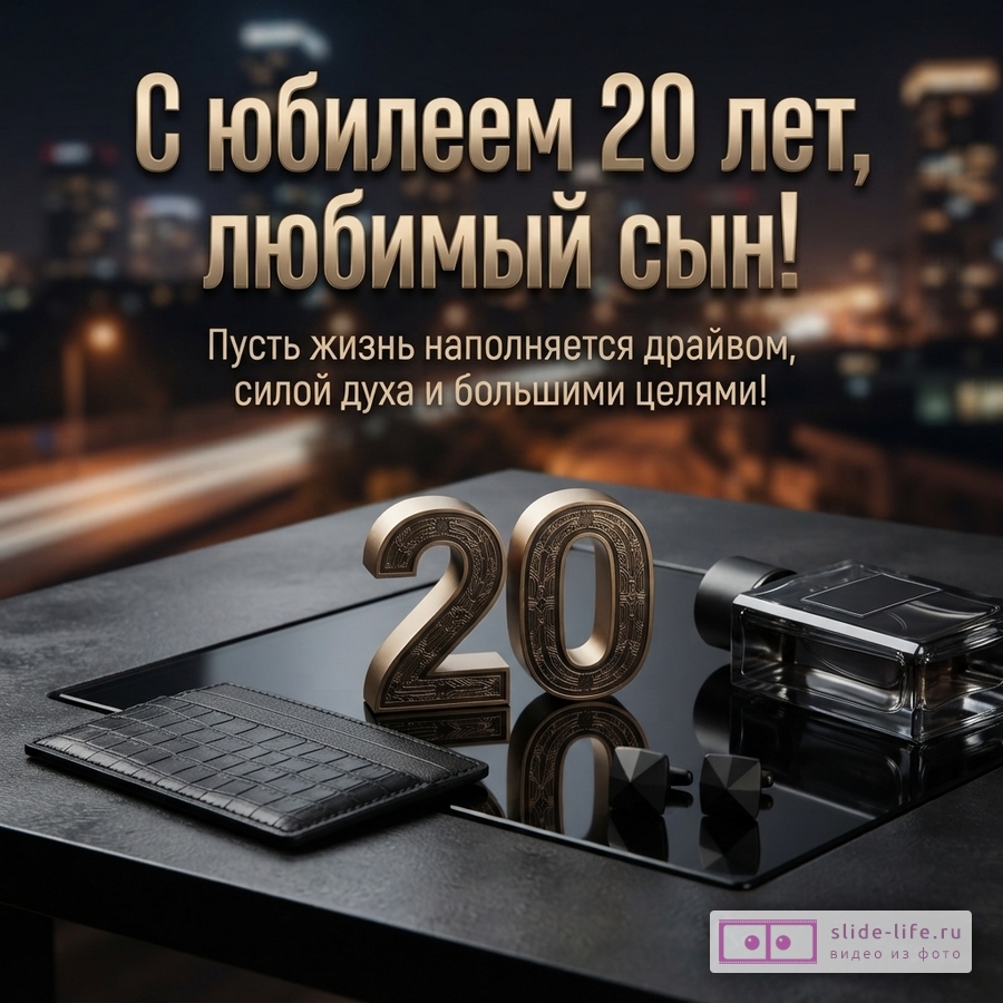 Металлическая цифра 20, флакон парфюма, запонки и кожаный кошелек на темном столе на фоне огней города. Текст: «С юбилеем 20 лет, родной сын! Пусть жизнь наполняется драйвом, силой духа и большими целями!»