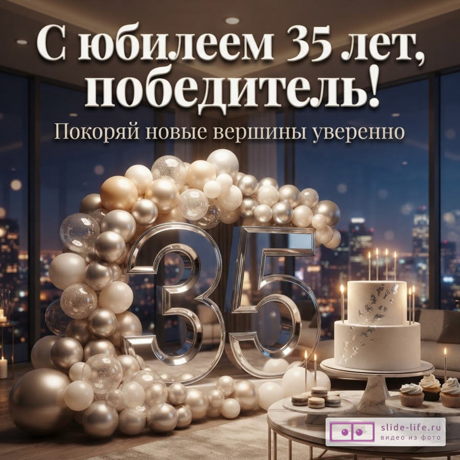 Большая серебряная цифра 35 в окружении шаров цвета металлик, праздничный торт со свечами на фоне ночного города и надпись «С юбилеем 35 лет, победитель! Покоряй новые вершины уверенно».
