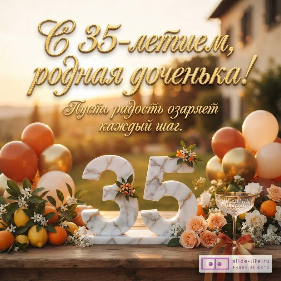 Тёплый праздничный фон с воздушными шарами, цветами, фруктами и мраморными цифрами 35. Текст: «С 35-летием, родная доченька! Пусть радость озаряет каждый шаг.»