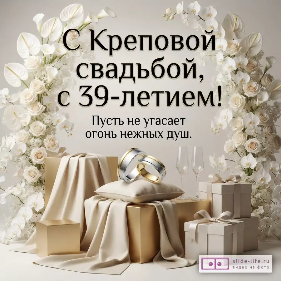 Бежевый фон, белые цветы, золотые коробки, два обручальных кольца, два бокала. Надпись «С Креповой свадьбой, с 39-летием! Пусть не угасает огонь нежных душ.»