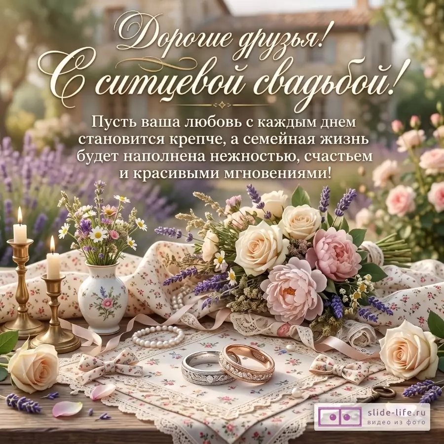 Бежево-розовая свадебная композиция с букетами, свечами и кольцами, на фоне текст «Дорогие друзья! С ситцевой свадьбой!»