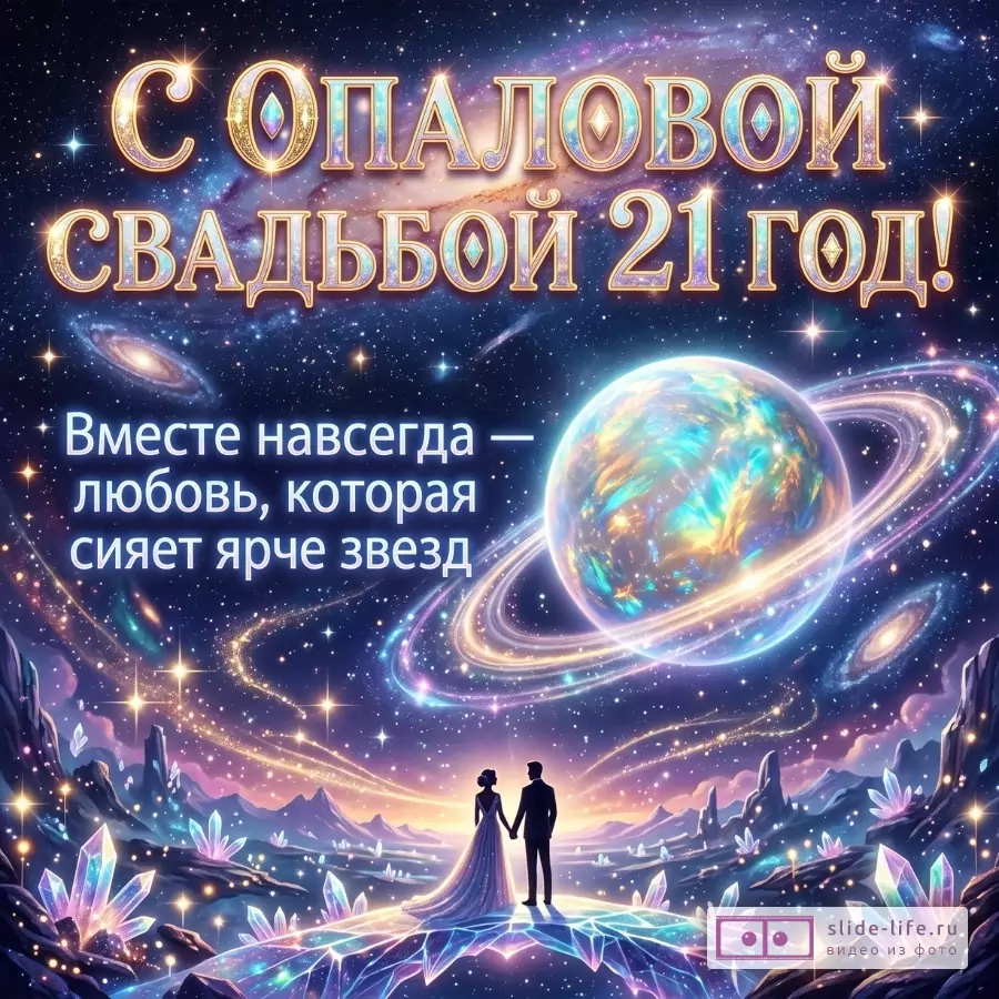 Фиолетово-синий космический фон, планета с кольцами, звезды и силуэты пары. Текст: «С ОПАЛОВОЙ СВАДЬБОЙ 21 ГОД!», «Вместе навсегда — любовь, которая сияет ярче звезд»