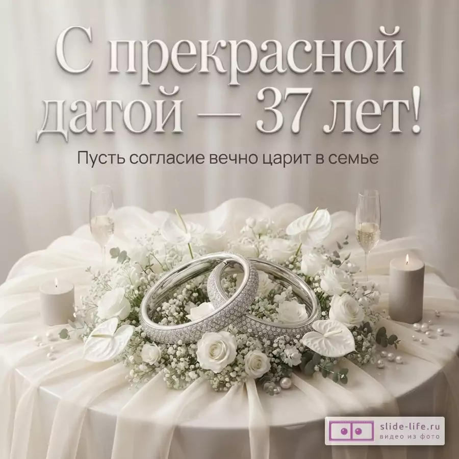Бежевый фон, белые цветы, два кольца с камнями, бокалы с шампанским, свечи. Текст: «С прекрасной датой — 37 лет! Пусть согласие вечно царит в семье»