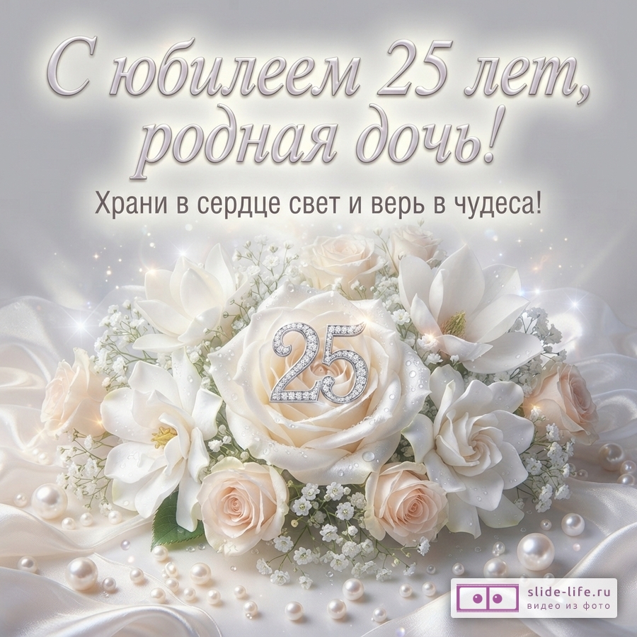 Серый светлый фон, белые розы и лилии, жемчуг, число 25, текст «С юбилеем 25 лет, родная дочь! Храни в сердце свет и верь в чудеса!»