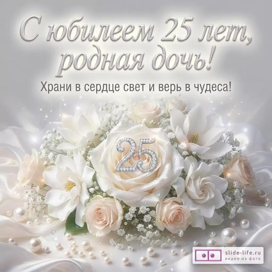 Серый светлый фон, белые розы и лилии, жемчуг, число 25, текст «С юбилеем 25 лет, родная дочь! Храни в сердце свет и верь в чудеса!»