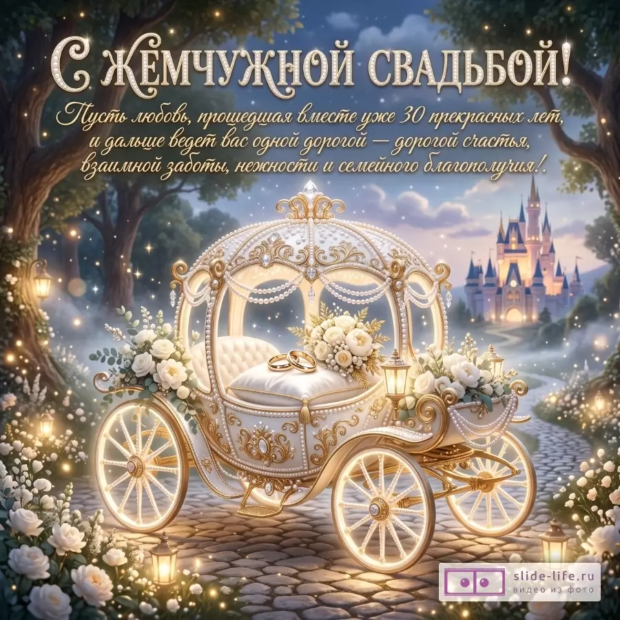 Голубой сказочный фон с лесом и замком, золотая карета с цветами и обручальными кольцами, светящиеся фонари. Текст «С ЖЕМЧУЖНОЙ СВАДЬБОЙ!».