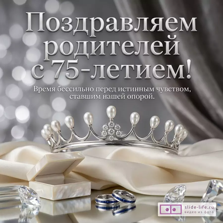 Серебряная тиара с жемчугом на шелковой ткани, кольца и кристаллы на сером фоне. Текст: «Поздравляем родителей с 75-летием! Время бессильно перед истинным чувством, ставшим нашей опорой.»