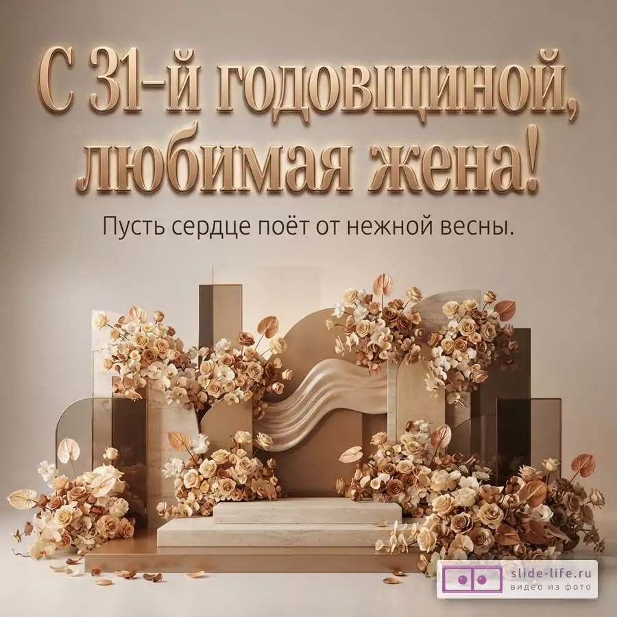 Бежево-коричневая открытка с объемным золотистым текстом «С 31-й годовщиной, любимая жена! Пусть сердце поёт от нежной весны.», цветочными композициями и абстрактными подиумами.