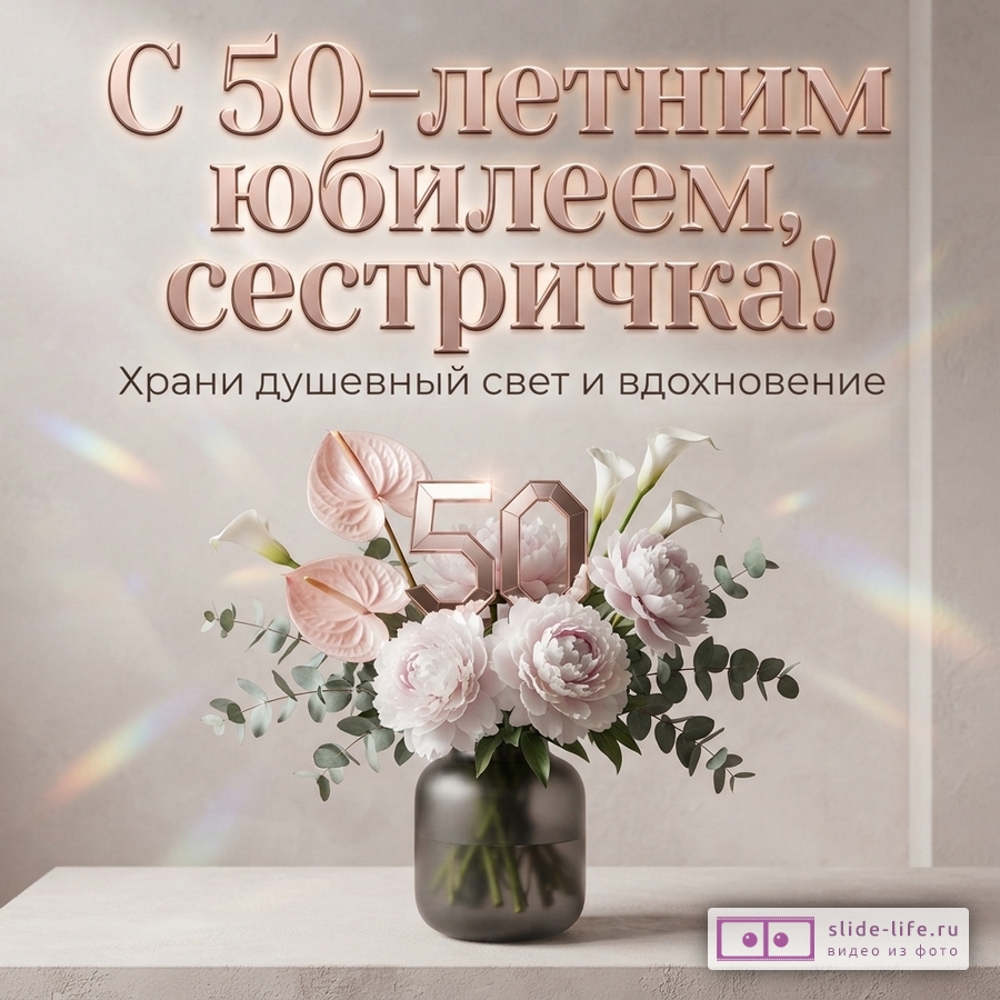 Открытка с бежевым фоном, сверху надпись «С 50-летним юбилеем, сестричка! Храни душевный свет и вдохновение». Внизу букет из розовых пионов, белых калл, розовых антуриумов и эвкалипта в темной вазе. На букете цифра 50.