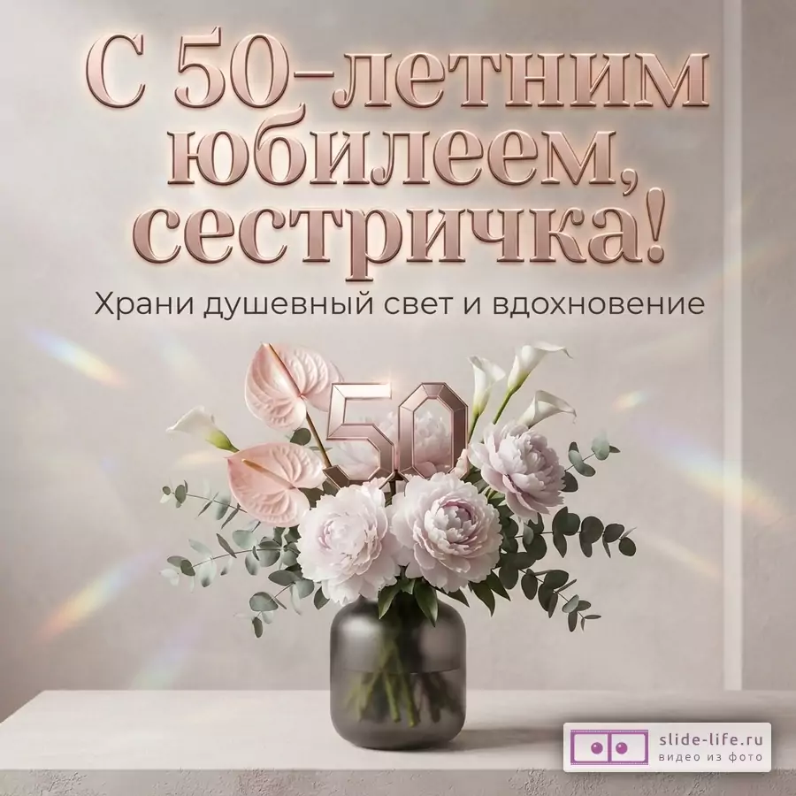 Открытка с бежевым фоном, сверху надпись «С 50-летним юбилеем, сестричка! Храни душевный свет и вдохновение». Внизу букет из розовых пионов, белых калл, розовых антуриумов и эвкалипта в темной вазе. На букете цифра 50.