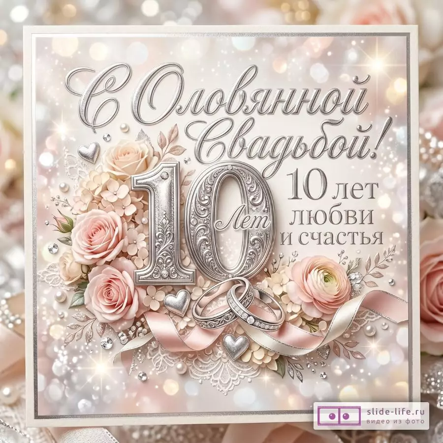 Бежево-розовый мерцающий фон, серебристые цифры 10, розы, обручальные кольца, лента и сердца, текст «С Оловянной Свадьбой!», «10 Лет», «10 лет любви и счастья».