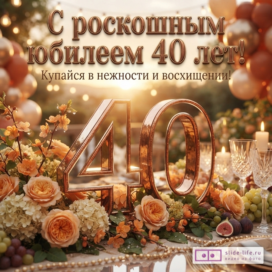 Фон с воздушными шарами и гирляндами, на переднем плане стол с цветами, фруктами, свечами и цифрами «40». Текст: «С роскошным юбилеем 40 лет! Купайся в нежности и восхищении!»