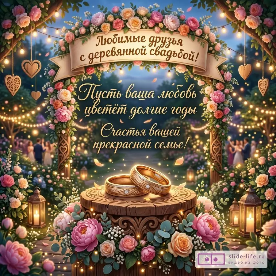 Трогательное поздравление друзьям с 5 годами свадьбы — романтическая открытка на деревянную свадьбу