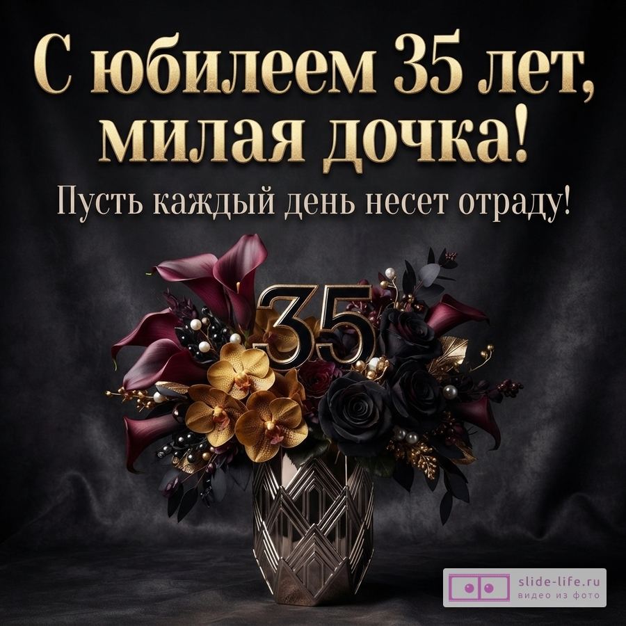 Букет из темных роз, калл и золотистых орхидей с числом 35 в геометрической вазе на черном фоне и текст «С юбилеем 35 лет, милая дочка! Пусть каждый день несет отраду!»