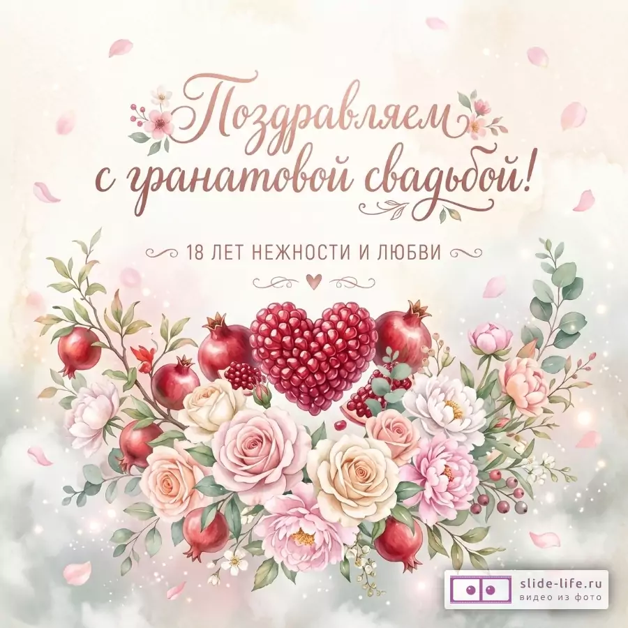 Светлый бежево-розовый фон, цветы, гранаты и сердце из зерен граната. Текст: «Поздравляем с гранатовой свадьбой! 18 ЛЕТ НЕЖНОСТИ И ЛЮБВИ».