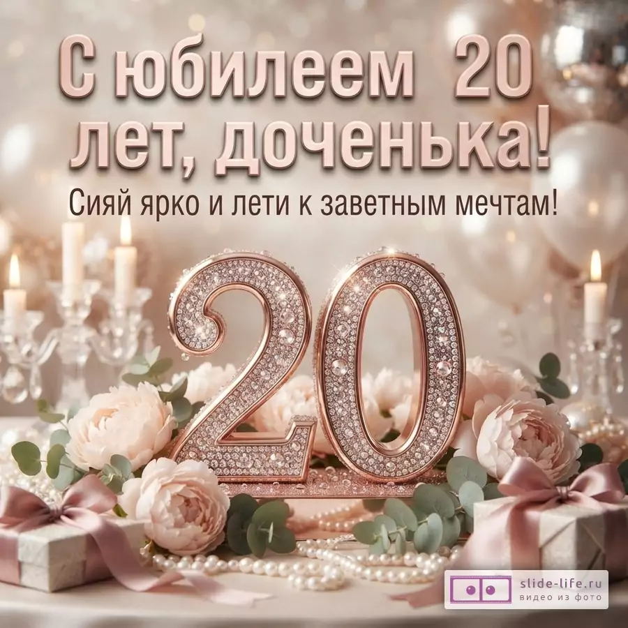 Бежево-розовый фон, свечи, цветы, подарки и крупная цифра 20, текст «С юбилеем 20 лет, доченька! Сияй ярко и лети к заветным мечтам!»