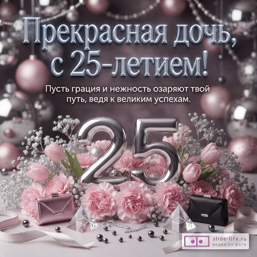 Розово-серебристый фон с цветами, шарами, лентами, сумочками и цифрами 25; текст «Прекрасная дочь, с 25-летием! Пусть грация и нежность озаряют твой путь, ведя к великим успехам.»