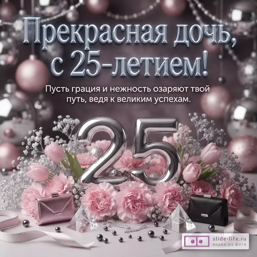 Розово-серебристый фон с цветами, шарами, лентами, сумочками и цифрами 25; текст «Прекрасная дочь, с 25-летием! Пусть грация и нежность озаряют твой путь, ведя к великим успехам.»