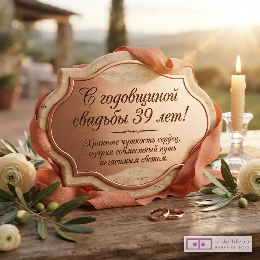 Деревянный фон, бежевая табличка с медной рамкой, персиковая лента, белые цветы, зеленые листья, оливки, свеча, обручальные кольца. Текст: «С годовщиной свадьбы 39 лет! Храните чуткость сердец, озаряя совместный путь негасимым светом.»