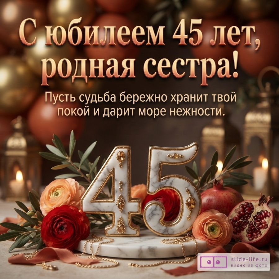Открытка с золотыми шарами на фоне, надпись «С юбилеем 45 лет, родная сестра! Пусть судьба бережно хранит твой покой и дарит море нежности.», крупные цифры «45» из белого мрамора с золотыми элементами, красные и персиковые розы, гранат, золотые цепочки, ленты.