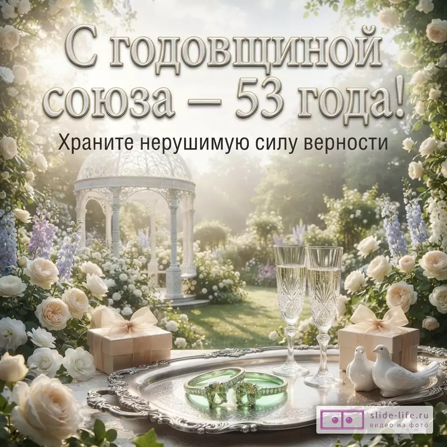 Светлый фон, сад с беседкой, белые и кремовые розы, два бокала шампанского, серебряный поднос с кольцами и подарками. Текст: «С годовщиной союза — 53 года! Храните нерушимую силу верности»