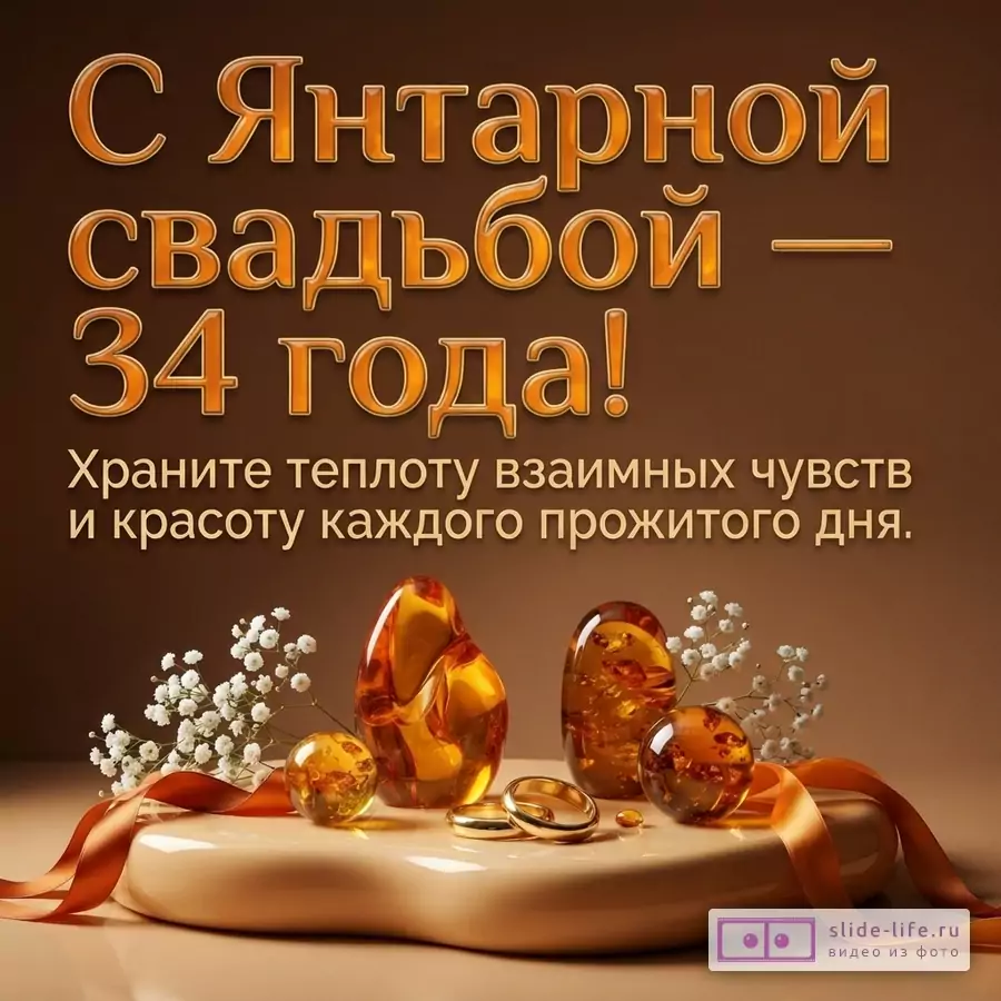 Коричневый фон, оранжевые буквы, янтарные камни, белые цветы, золотые кольца, оранжевая лента. Текст: «С Янтарной свадьбой — 34 года! Храните теплоту взаимных чувств и красоту каждого прожитого дня.»