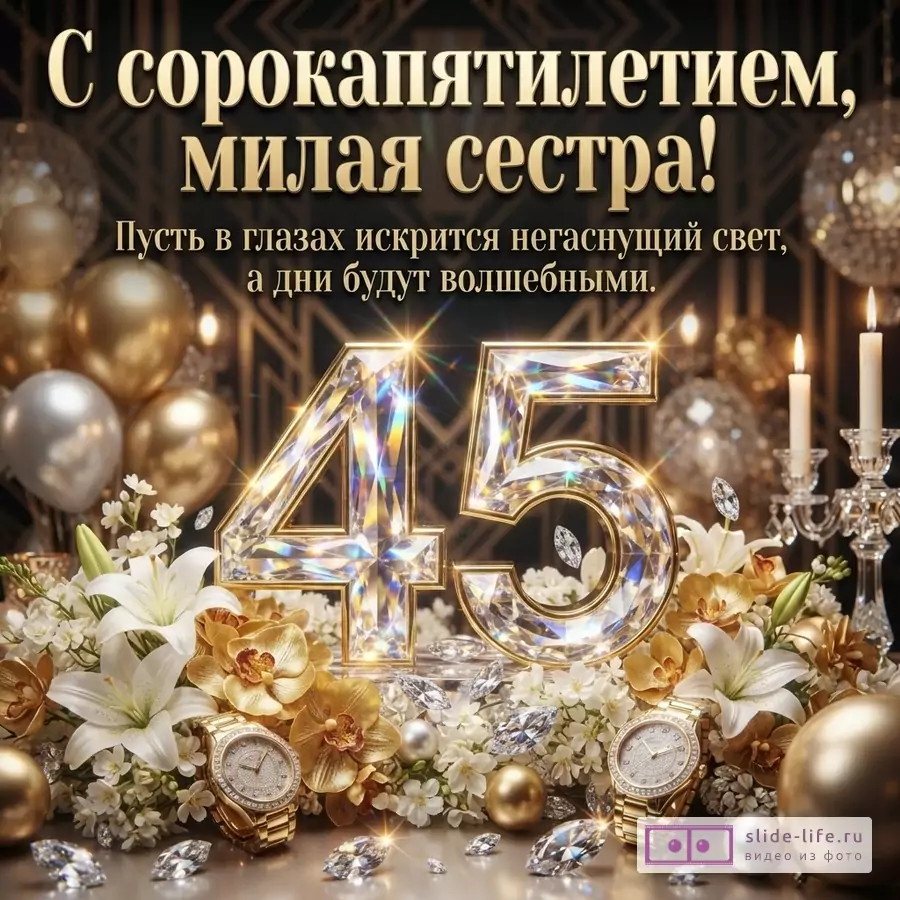 Открытка с черным фоном, золотыми шарами, свечами и цветами. В центре крупные цифры «45» из прозрачных кристаллов. Текст: «С сорокапятилетием, милая сестра! Пусть в глазах искрится негаснущий свет, а дни будут волшебными.»