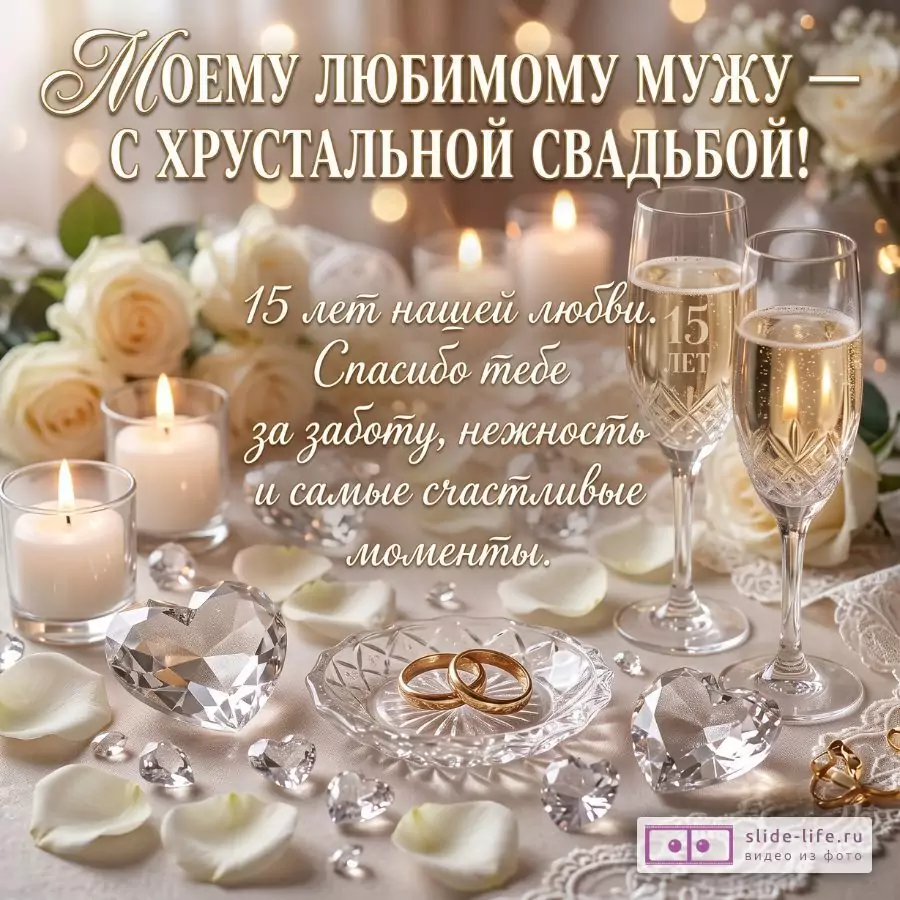 Поздравление мужу с 15 годовщиной свадьбы — открытка на хрустальную свадьбу любимому мужчине
